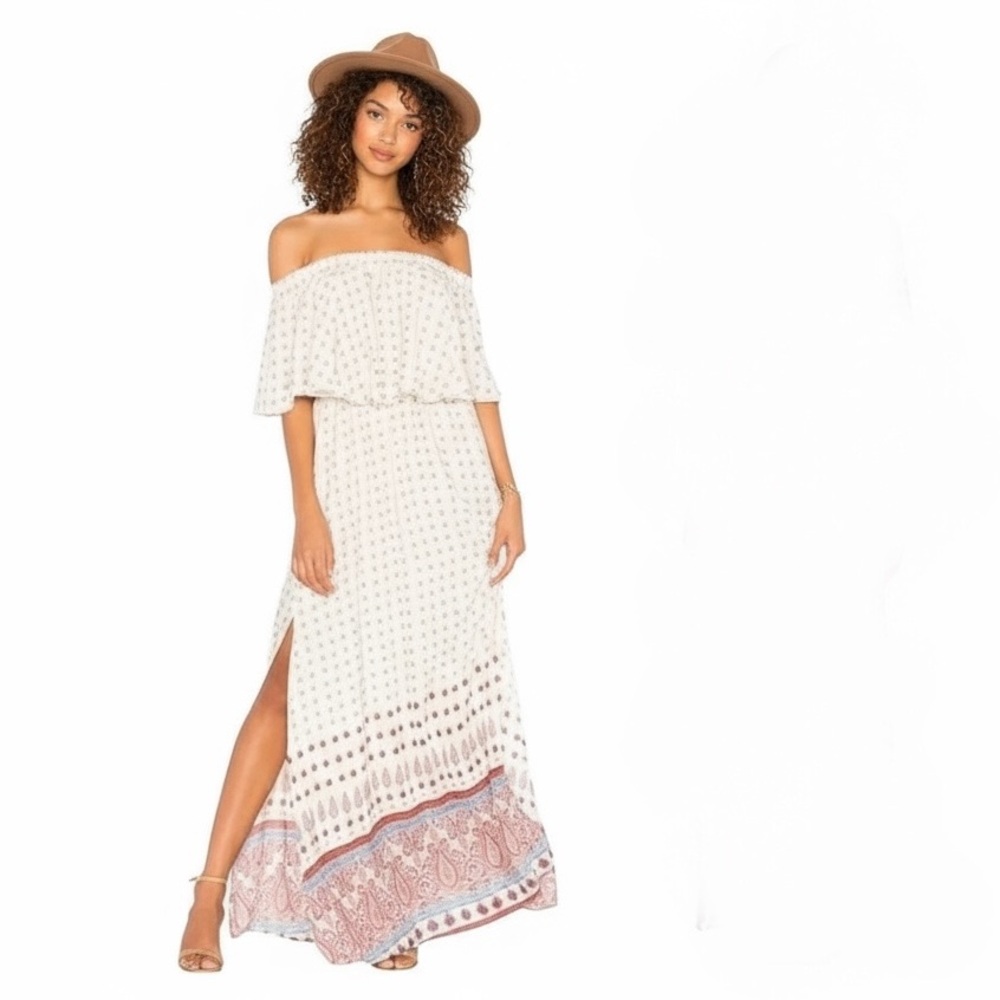 Show Me Your Mumu Hacienda Maxi Dress in a creamy beige and rust pattern